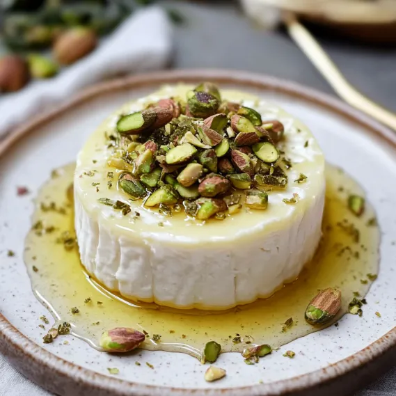 A white dessert with nuts on top.