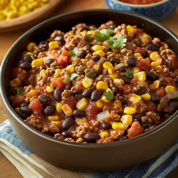 A hearty mix of meat and beans in a bowl.