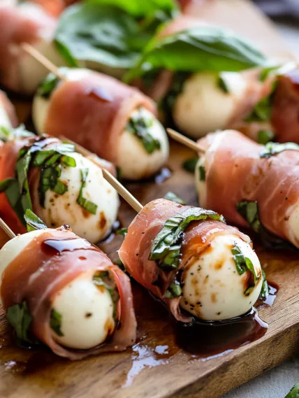 A wooden board with meat and cheese wrapped in bacon.
