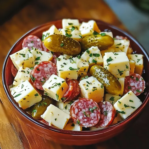A bowl of cheese and salami snacks.