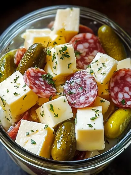 A bowl of food with cheese and pickles.