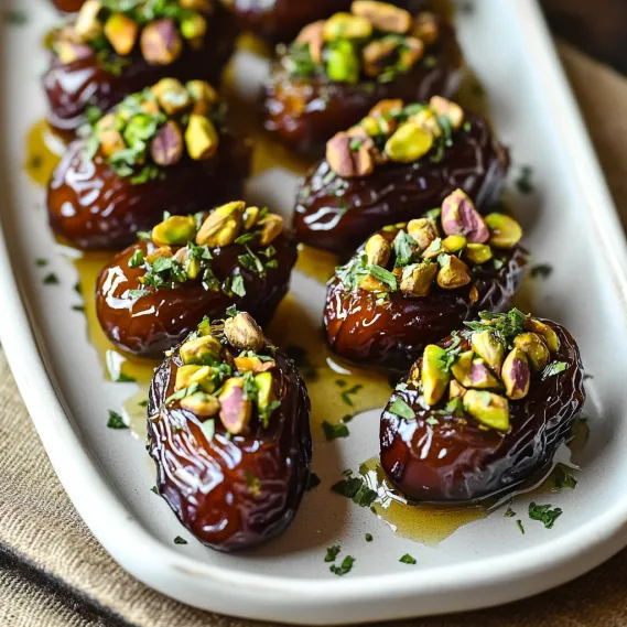 A serving dish of stuffed dates with fresh herbs.
