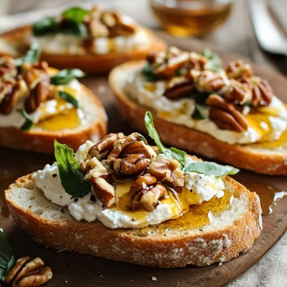 A plate of toasted bread garnished with honey, nuts, and cheese.
