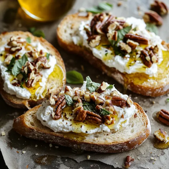A slice of bread with white cheese and walnuts.