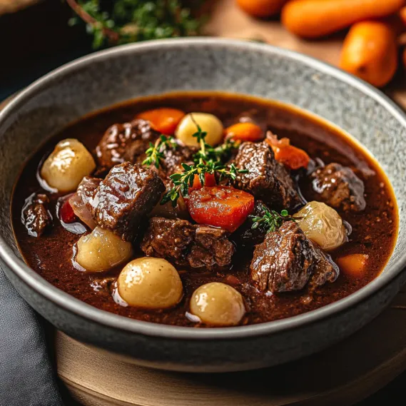 A hearty bowl of beef and veggies.