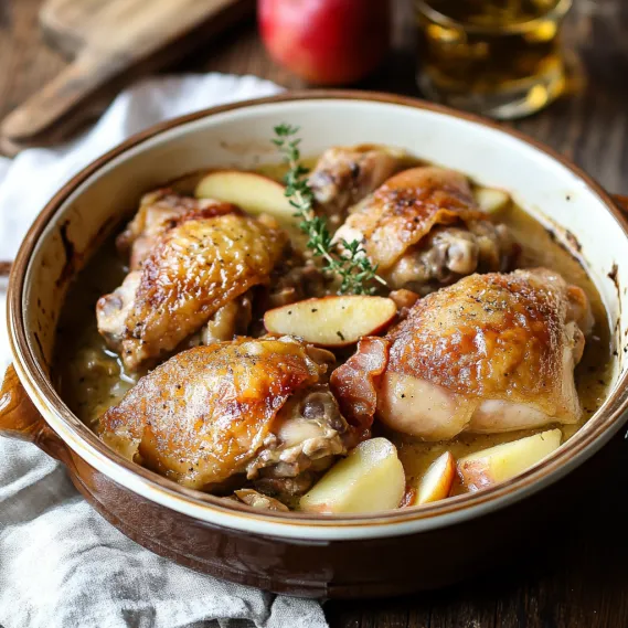 A dish of chicken and apples.