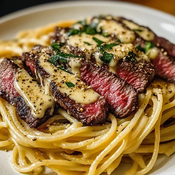 Spaghetti pasta topped with cheese and steak pieces on a white plate.