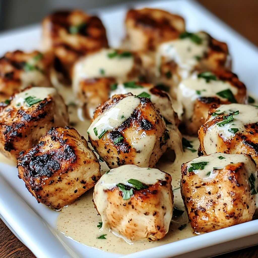 Golden chicken bites with garlic sauce.