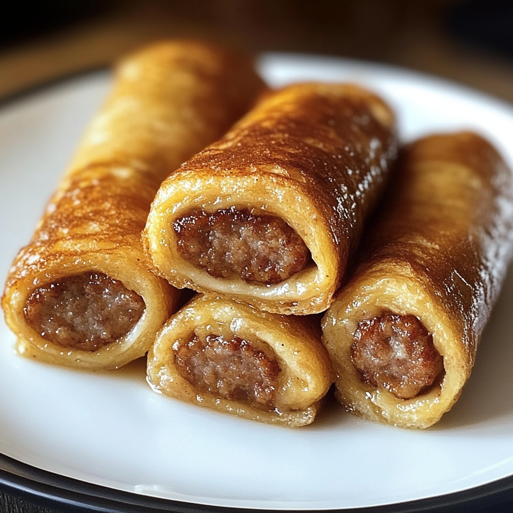 Golden sausage French toast roll-ups served on a white plate.