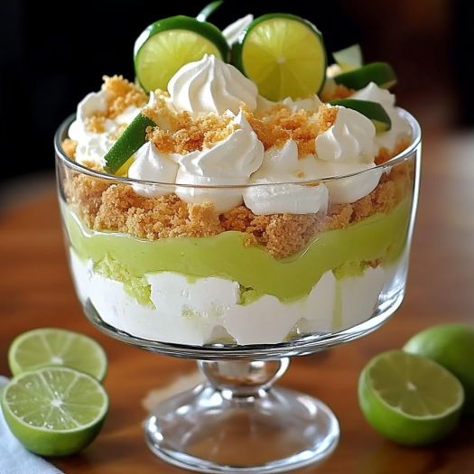 A bowl of dessert showing lime flavors and layers.