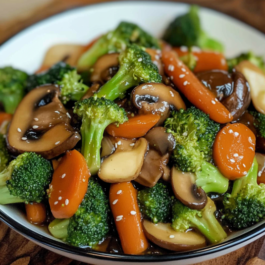 A colorful mix of stir-fried broccoli, mushrooms, and carrots in a bowl.