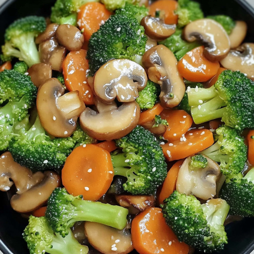 A bowl of stir-fried vegetables with mushrooms, carrots, and broccoli.