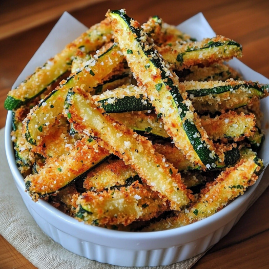 Plate of crispy zucchini fries coated in garlic and Parmesan.