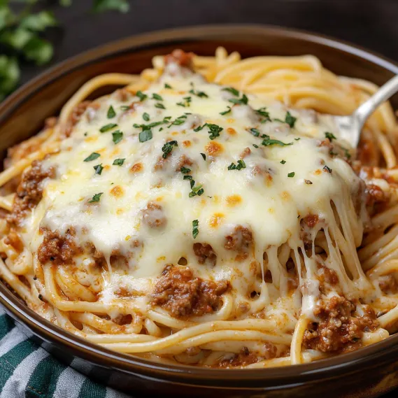 A plate of cheesy pasta with meat sauce.