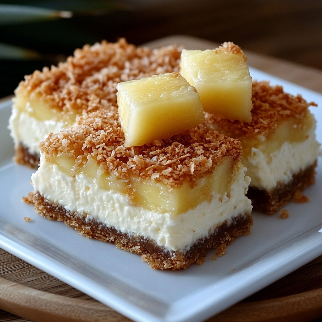One piece of tropical pineapple coconut dessert bar.