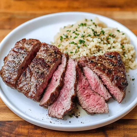 A plate of steak with rice on the side.