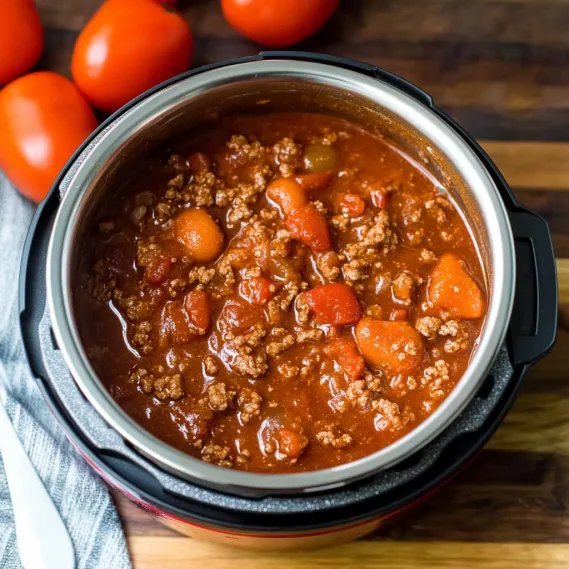 A bowl of savory chili with meat and tomatoes.