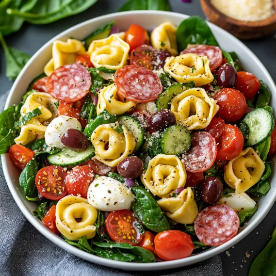 Pasta salad filled with cucumbers, tomatoes, and olives in a bowl.