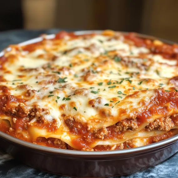 Lasagna baked with meat and melted cheese on top.