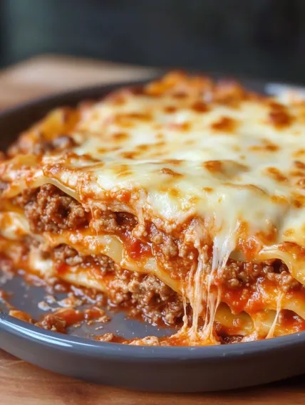 A plate of lasagna with melted cheese.