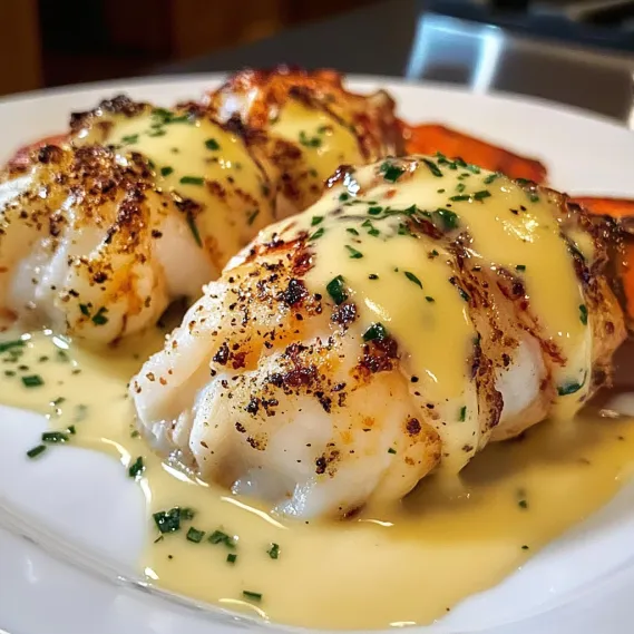 Plate of lobster with creamy garlic sauce.