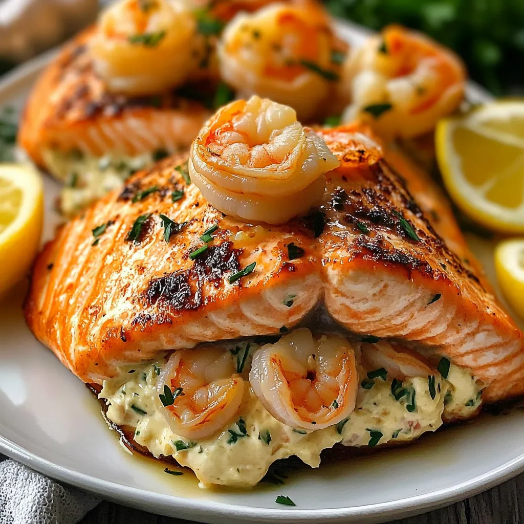 Salmon stuffed with shrimp and covered in lemon butter sauce