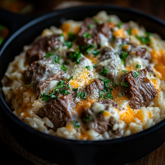 Skillet of tender beef and rice covered in creamy garlic butter with cheddar cheese.