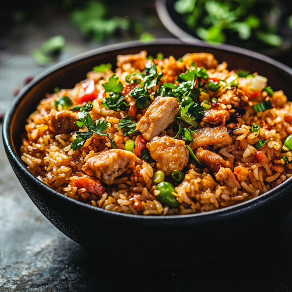 A bowl of fried rice topped with chicken and vegetables.