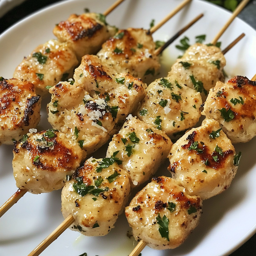 Golden garlic chicken skewers on a plate.