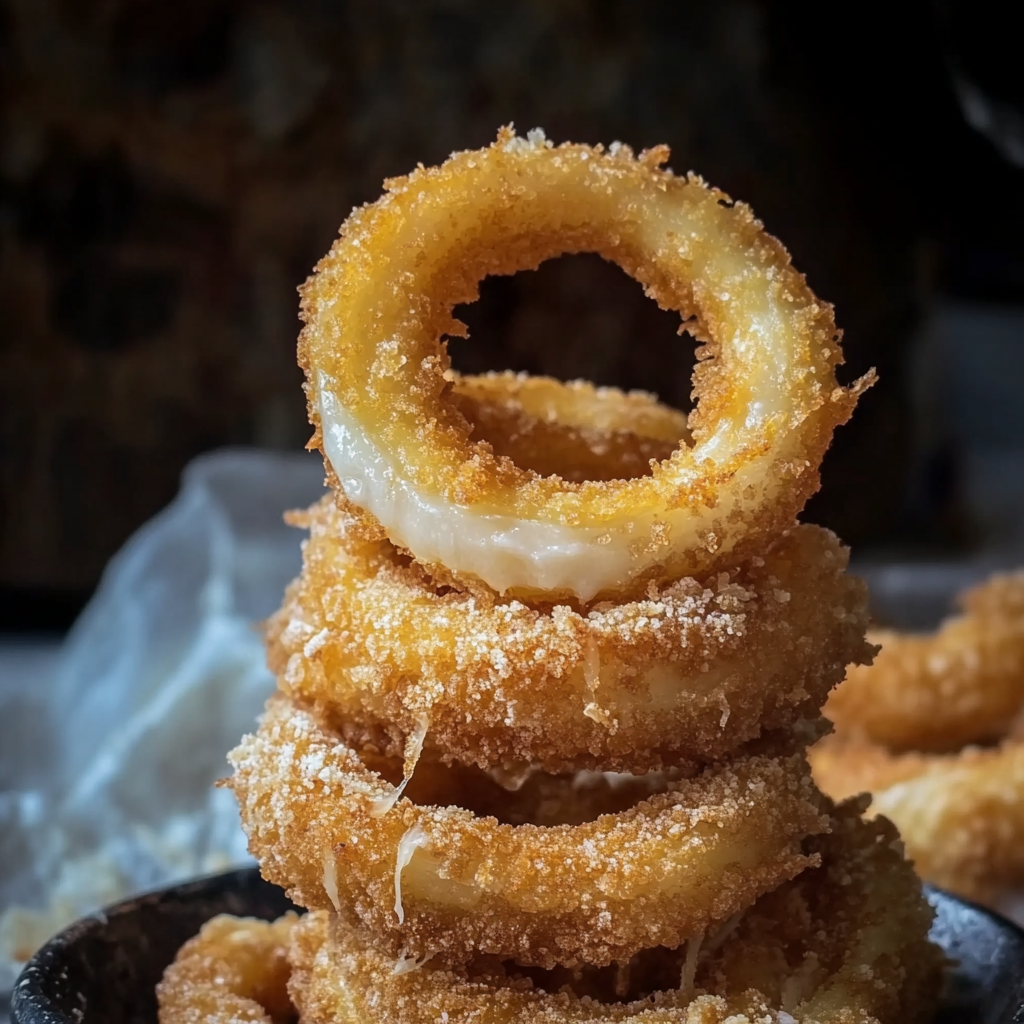 A plate stacked with crispy onion rings.