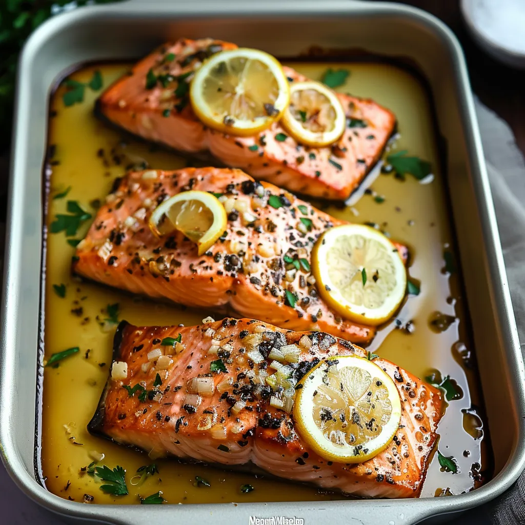 Two salmon fillets with lemon on top.