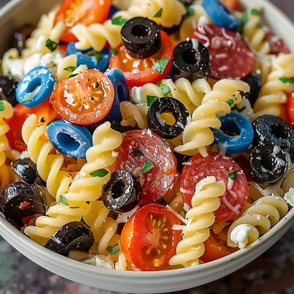 Pasta in a bowl with mozzarella, olives, and tomatoes.