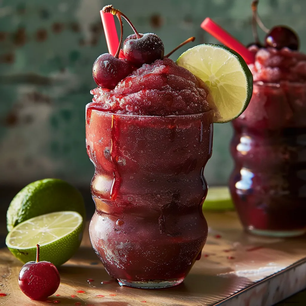 Glasses with cherry and lime drinks.