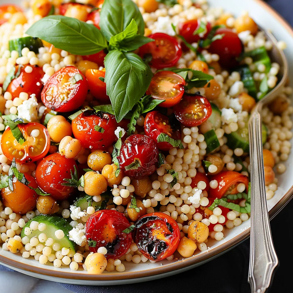 A colorful bowl with cucumbers, basil, and roasted cherry tomatoes.