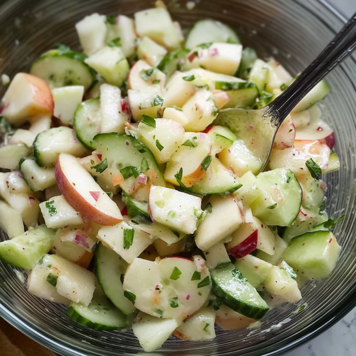 A bowl filled with sliced cucumbers and apples.