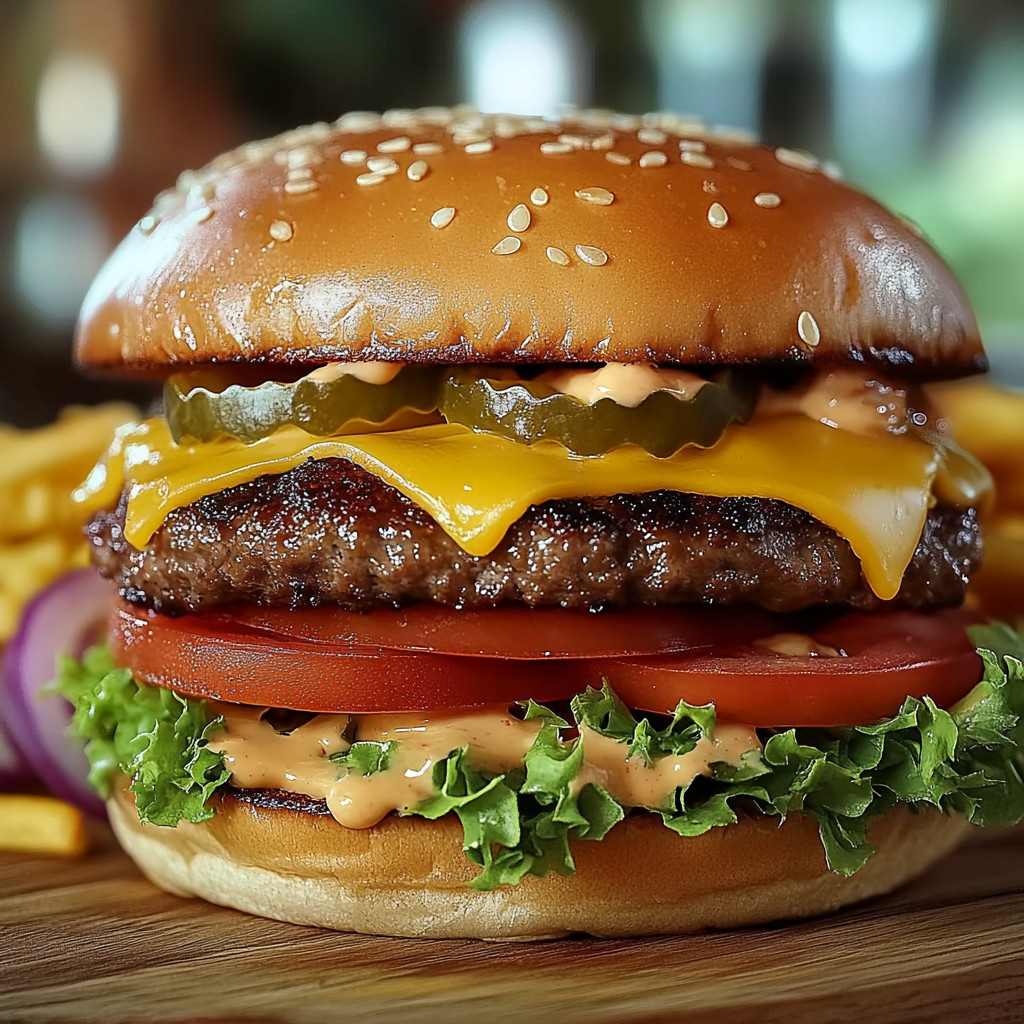 Big burger loaded with fresh toppings like lettuce, tomato, and pickles.
