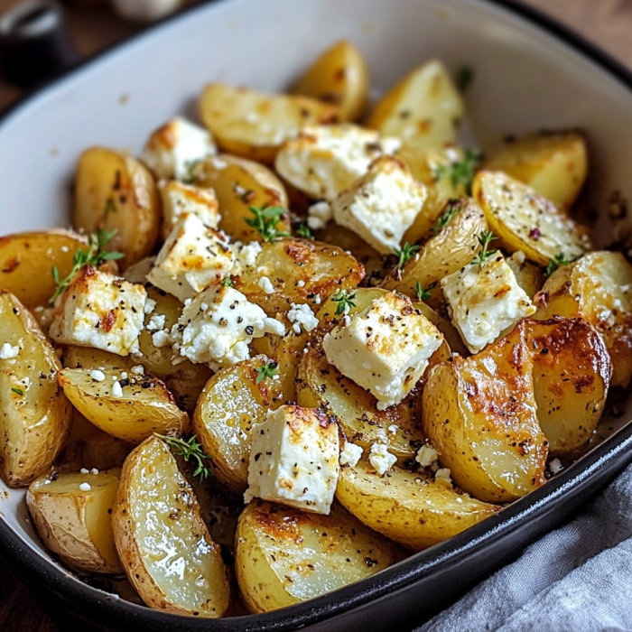 Golden potatoes with melty cheese in a serving dish.