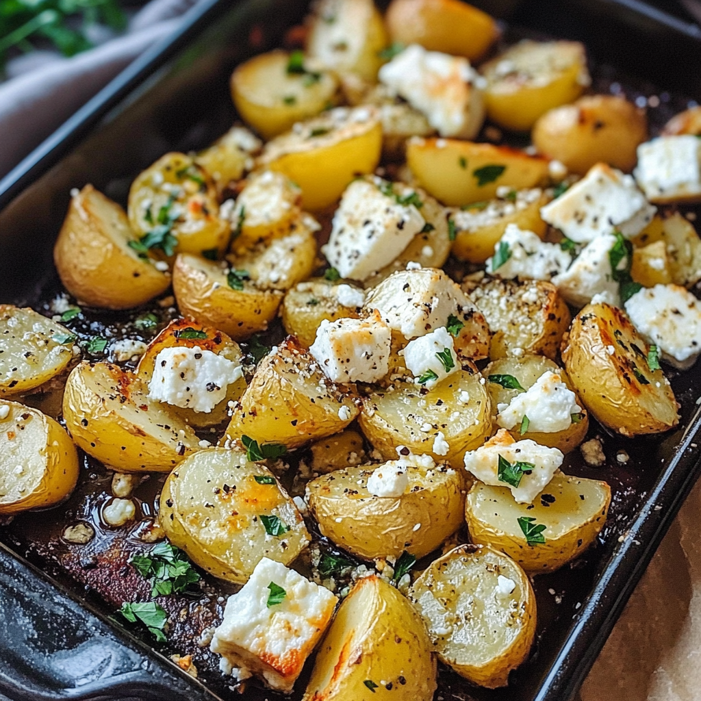 A dish of potatoes with cheese and herbs.