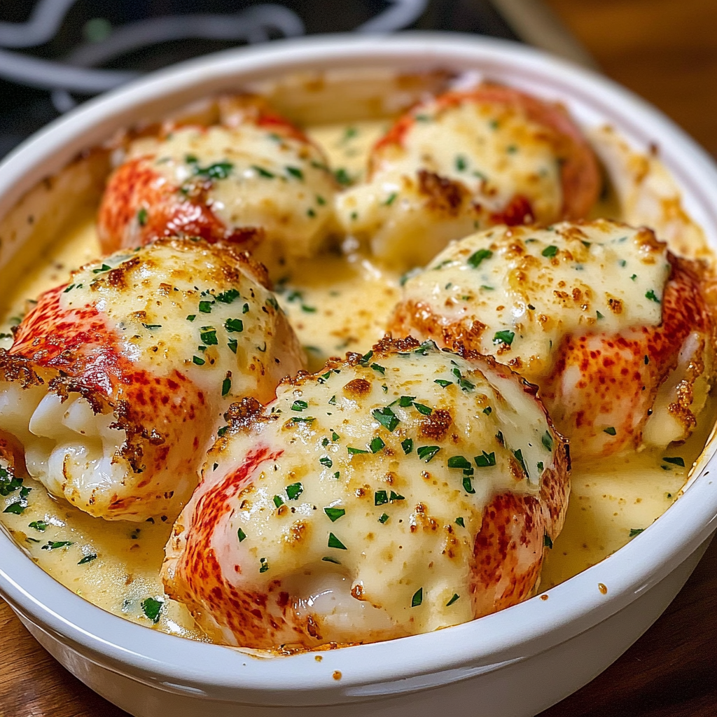Lobster tails coated in rich garlic butter, cooked to a golden finish.