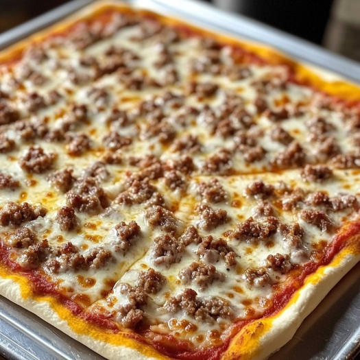 Cheesy pizza topped with sausage crumbles.