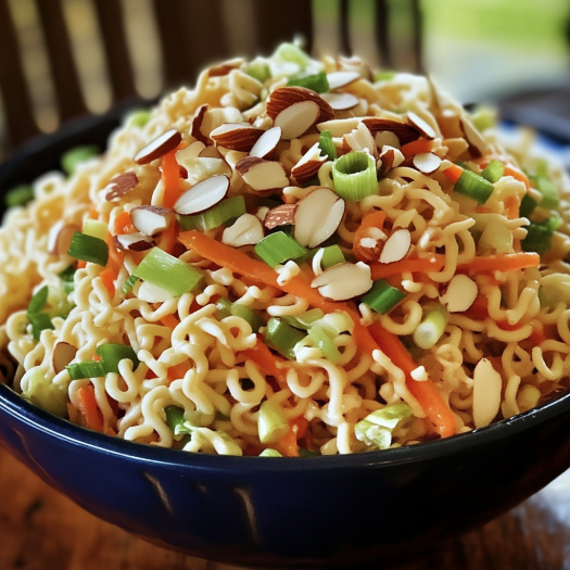 A bright salad with fresh greens and ramen pieces.