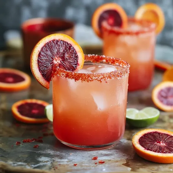 Two glasses of zesty blood orange margarita with orange wedges.