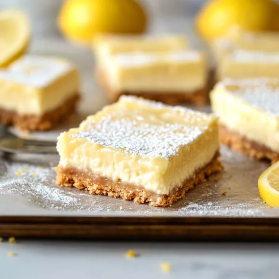 Lemon squares on a plate with fresh lemon slices.