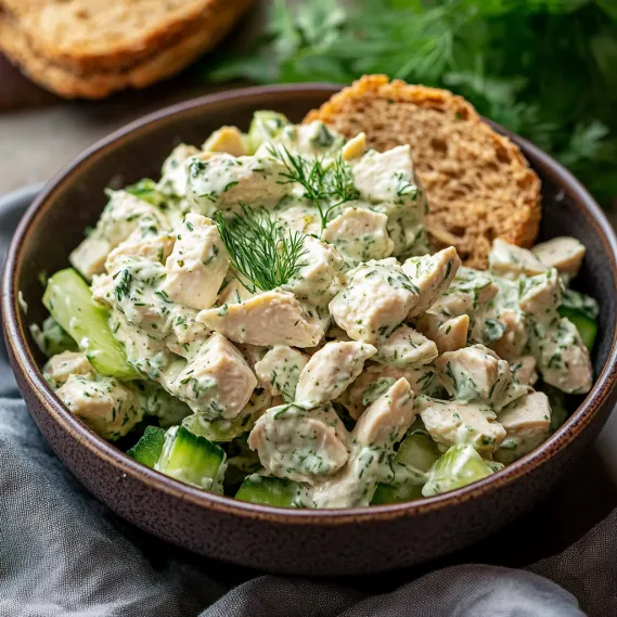 Chicken salad served with bread in a bowl.