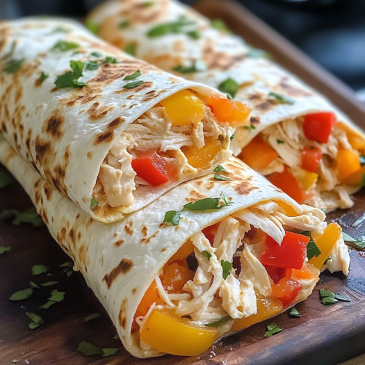 Two golden and crispy chicken burritos with ranch and peppers.