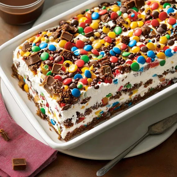 Rich cake topped with colorful candies and chocolate.