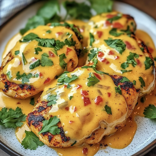 A delicious plate of chicken in cheesy sauce with colorful garnishes.