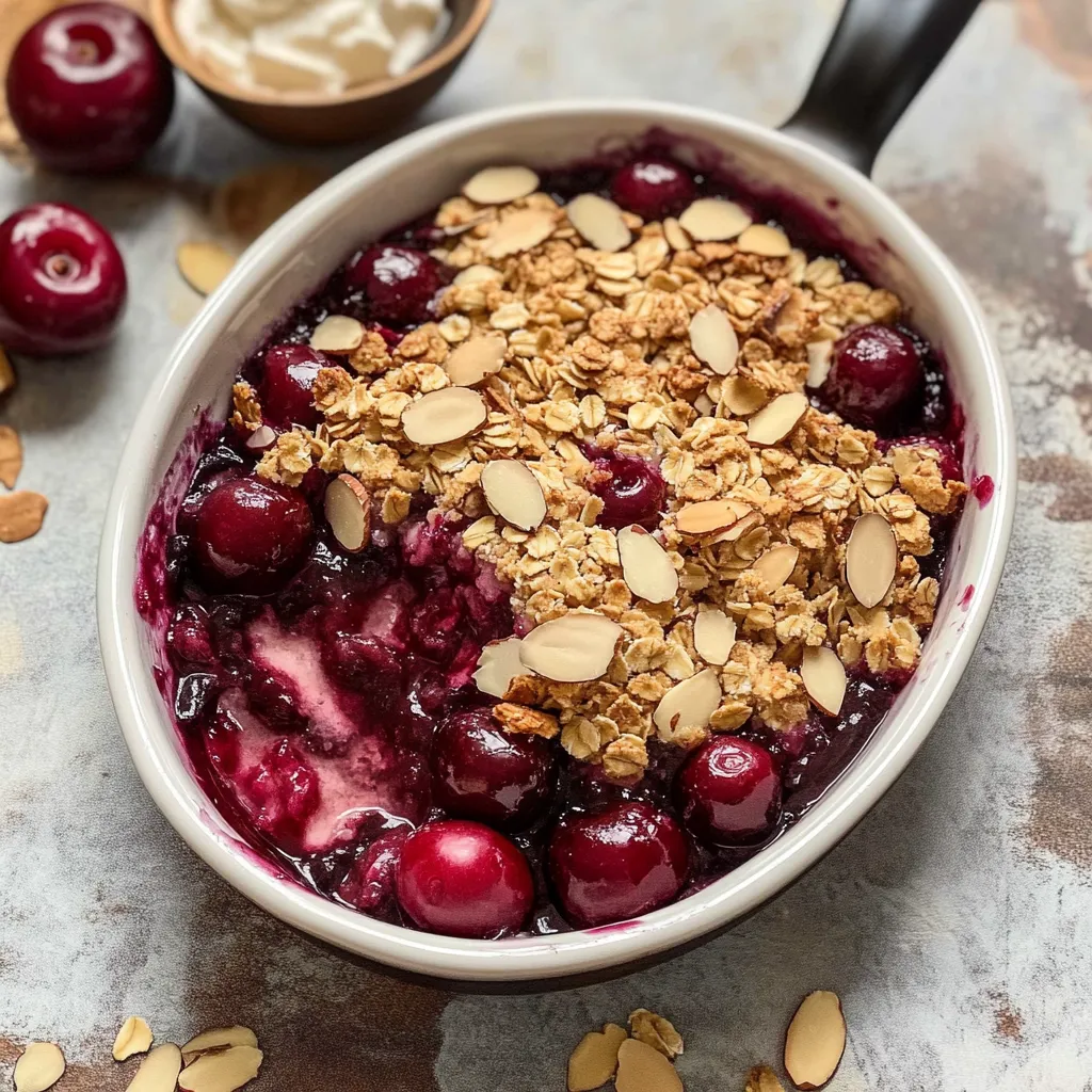A cozy bowl of almond cherry crisp.