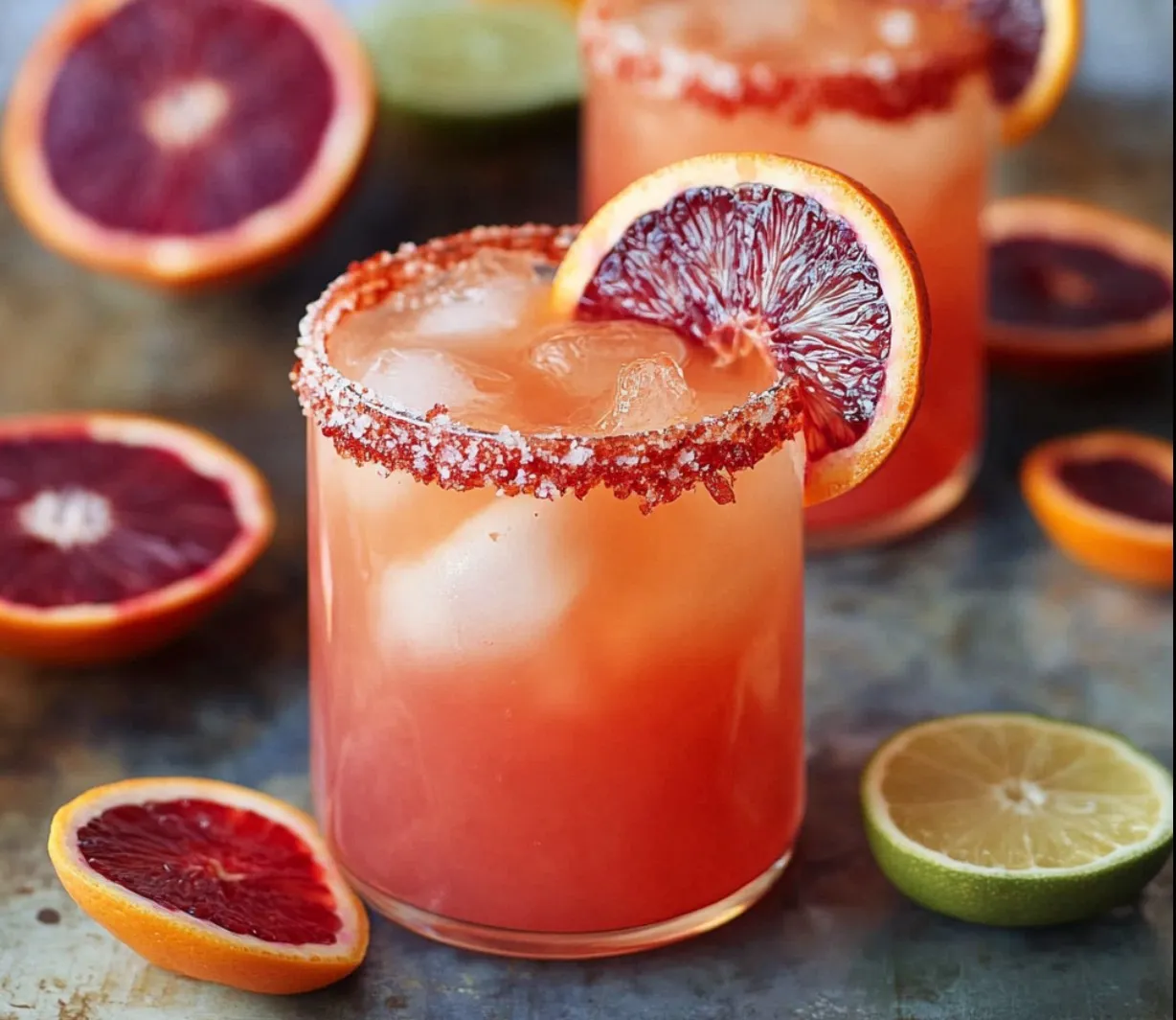 Vibrant blood orange margaritas served with citrus slices.