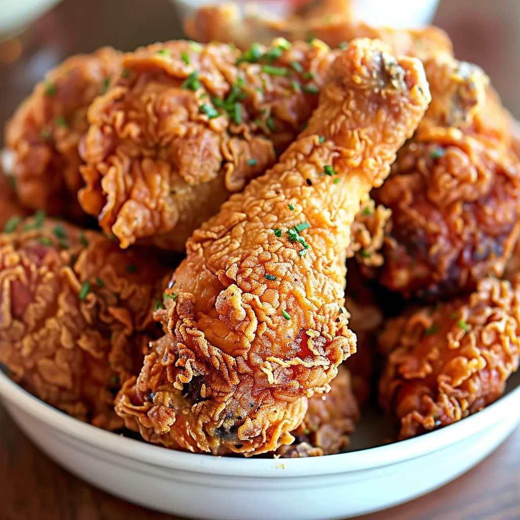 Crispy, golden chicken in a bowl garnished with herbs.